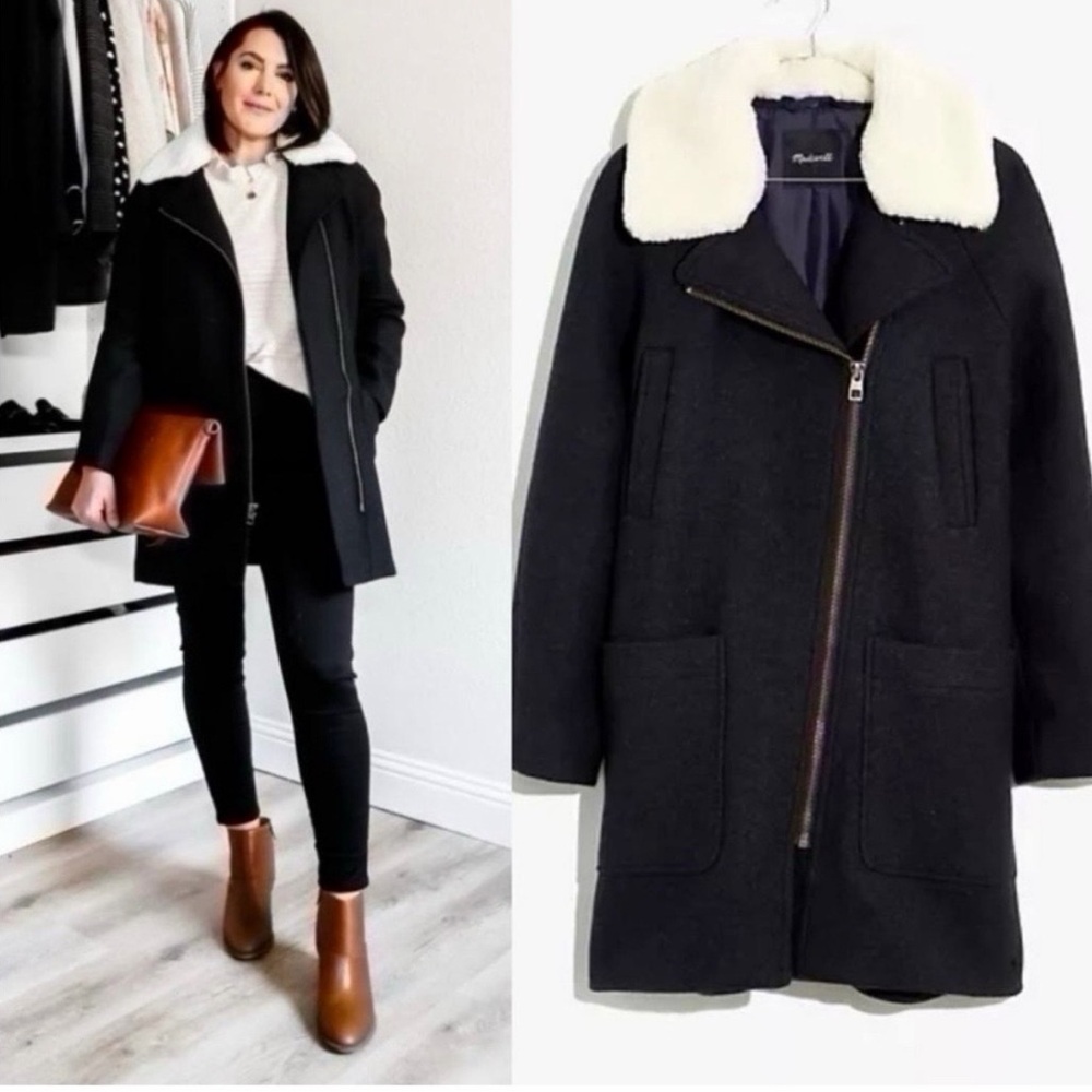 Madwell Black Pea Coat with removable White Sherpa Collar